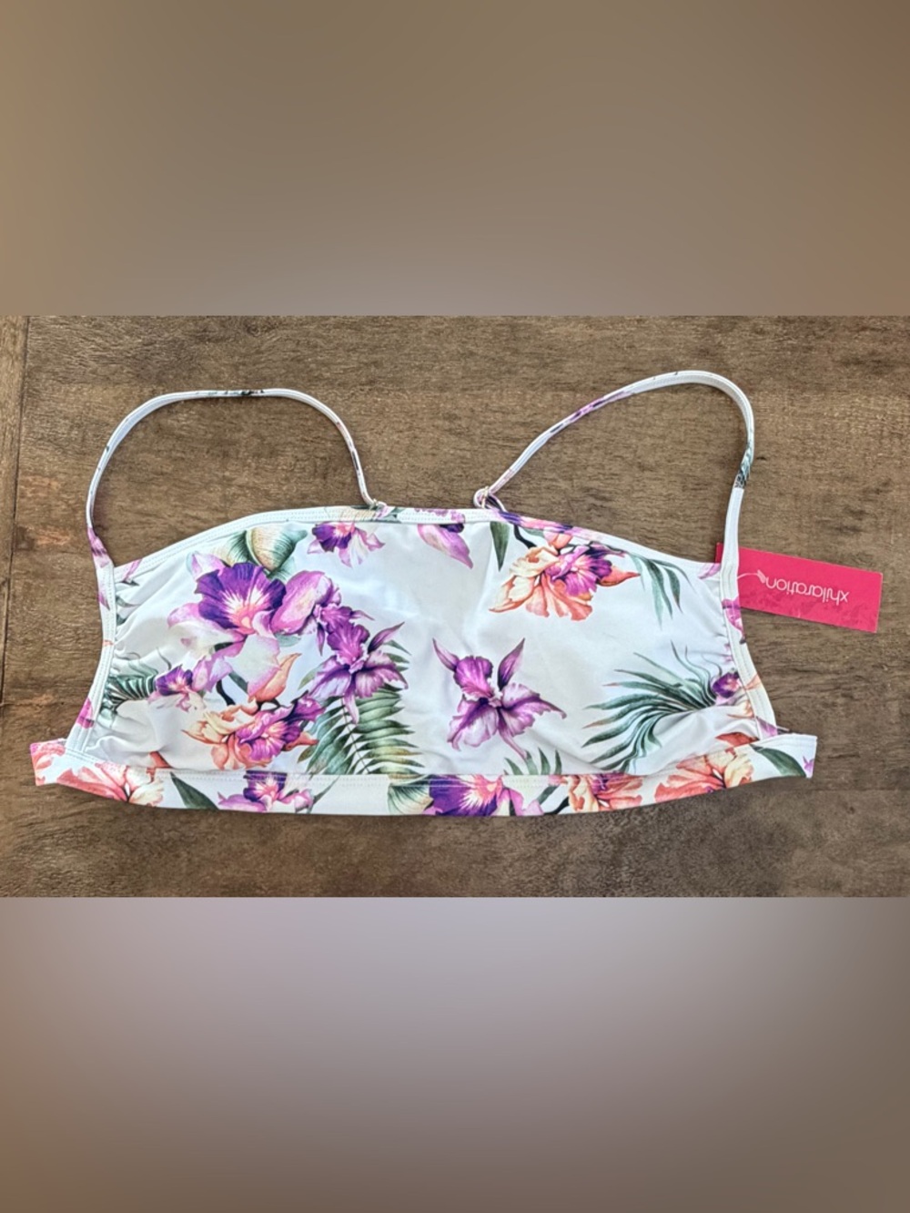10: Xhilaration White Bandeau Swim Top with Purple and Pink Floral Print - XL